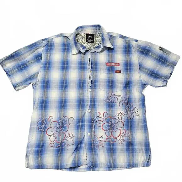 VTG Bugle Boy Hawaiian Shirt L Blue Floral Short Sleeve Y2K 1990s Shell Button - Picture 1 of 13